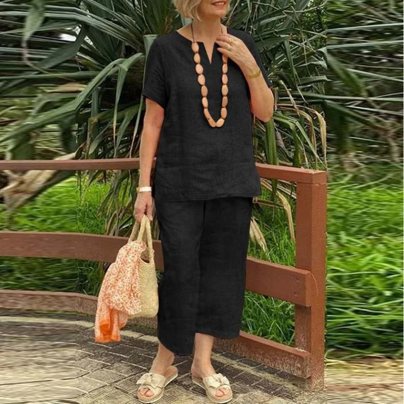 2026 New Loose Casual Summer Short-Sleeved Shirt And Elastic Waist Pants Two-Piece Set Women T-Shirt Top+Wide-Leg Pants Sets
