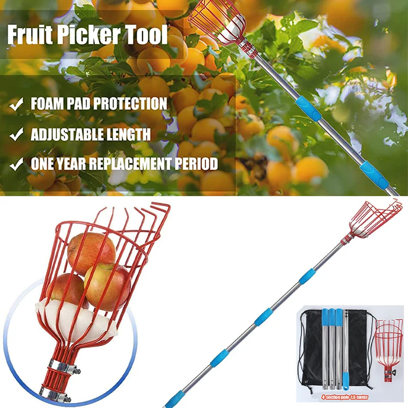 Fruit Picker Tool Harvesting Guava Mango Honey Crisp Apple Fruit Collector with Foam Pad Basket and Pole Home Garden Tools