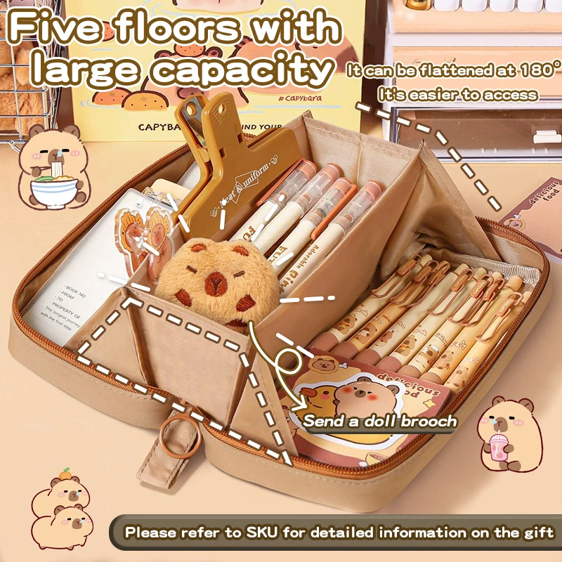 17/31 pce capybara Pencil Box Set, 5-layer Large Capacity Canvas Bag, Multi functional Storage Bag, Portable Cosmetics Bag