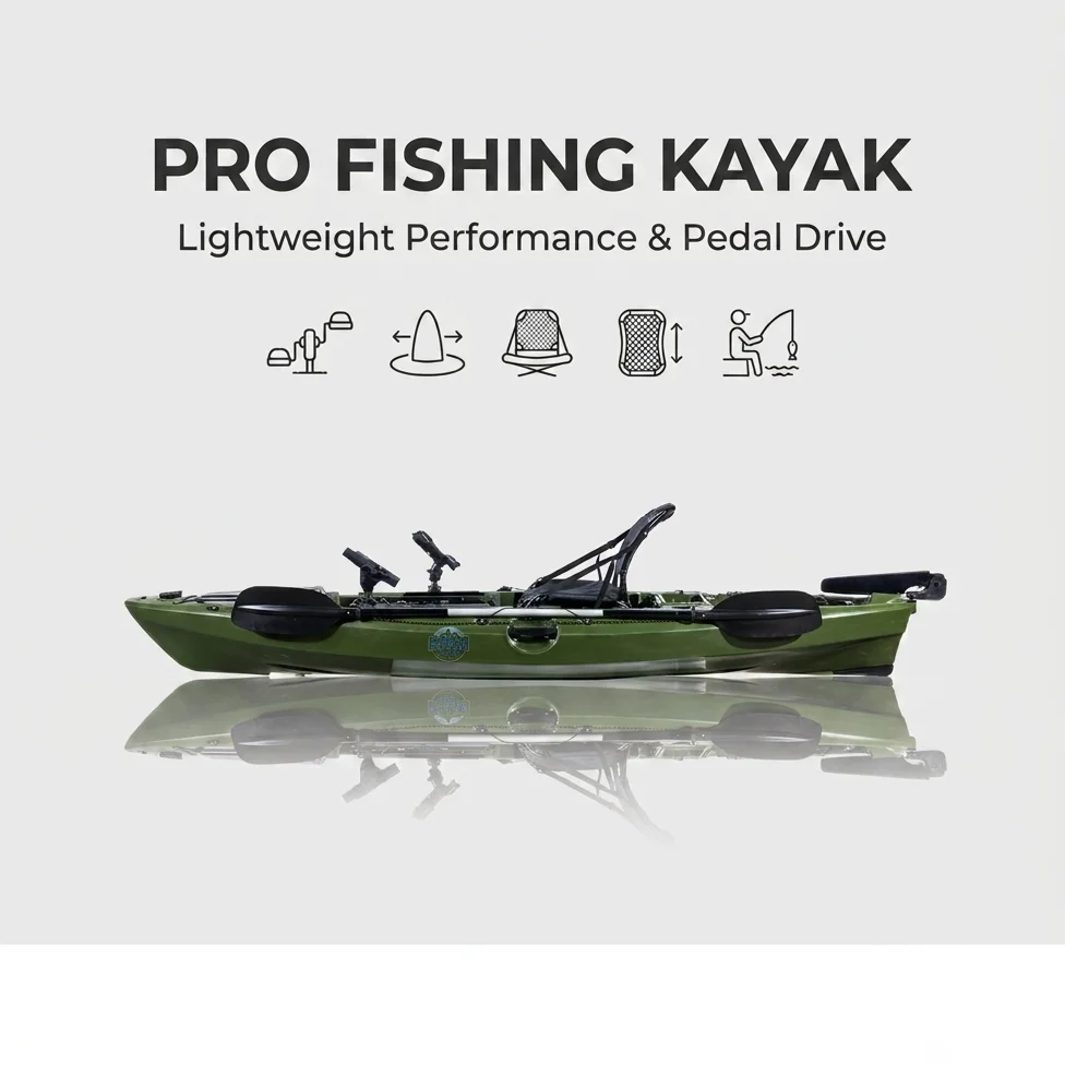 Fishing Kayak Pedal Drive - เรือคายัคพลาสติกสีเขียวมะกอกสำหรับ 1 คน แบบขายส่ง พร้อมระบบขับเคลื่อนด้วยเท้าและพวงมาลัยเท้า