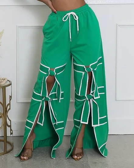 

Long Pant Women Jeans Wide Leg Pants Casual High Waist Straight Trousers Y2k Streetwear Elegant Splice Lace Up Work 2025