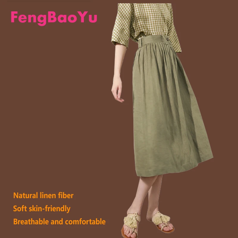 

Flax Spring and Summer Ladies Skirt Elegant Temperament Buttons Simple Youth Fashion A-line Skirt Loose Large Size 3XL Fat Girl