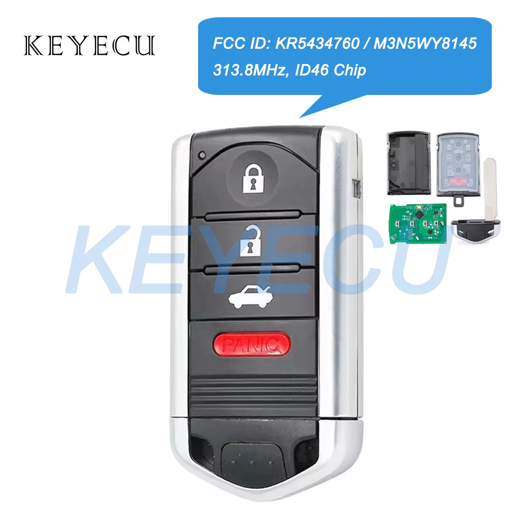 Keyecu FCC ID: KR5434760 / M3N5WY8145 for Acura TL 2009-2014 ILX 2013-2015 Smart Remote Car Key Fob 313.8MHz With ID46 Chip