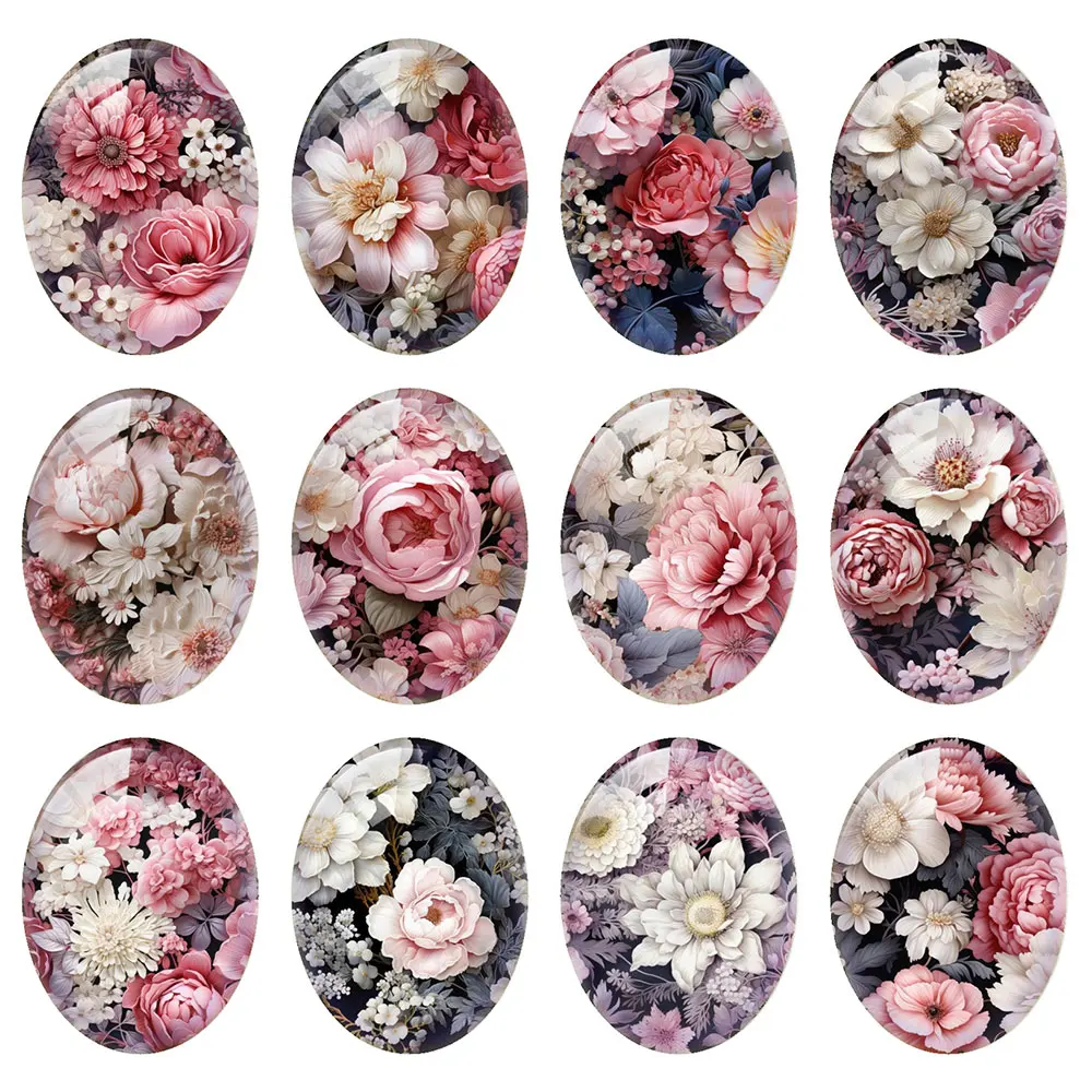 Random Mixed Round/Oval/Square Pink Rose Flower Plants Photo Glass Cabochon Flatback Demo Cameo For Diy Jewelry Making