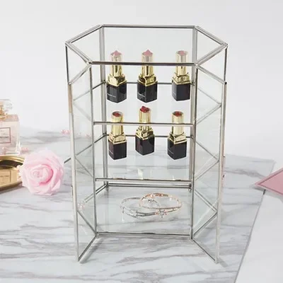 Double Door Glass Jewelry Box Transparent 3-layer Storage Dust-proof Organizer Cosmetic Boxes Decorative Display Stand