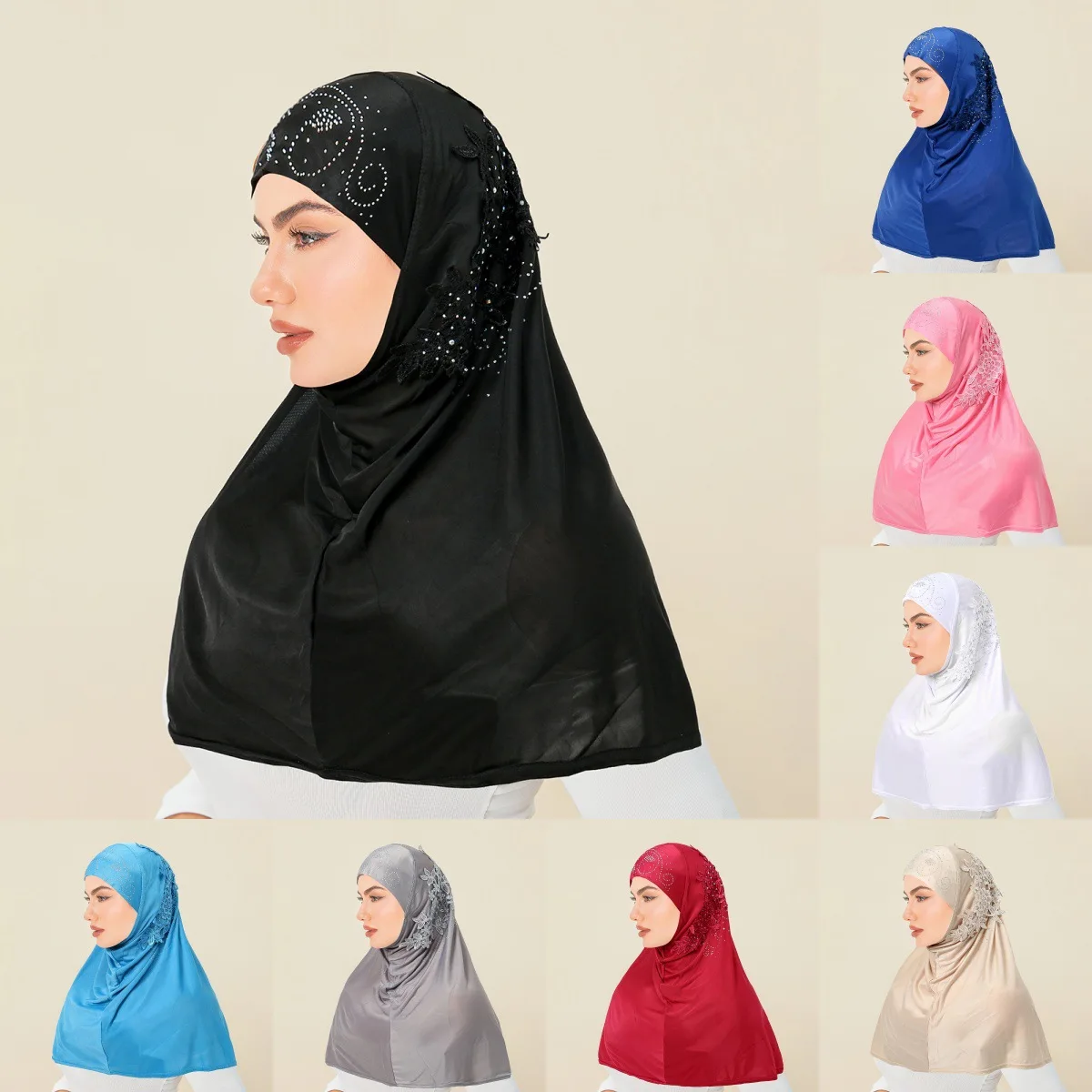 

Цельный шарф Amria для мусульманских женщин, мгновенный шарф с кружевом и бриллиантами, хиджаб, тюрбан, повязки на голову, платок, ислам, никаб, головной убор Nikab