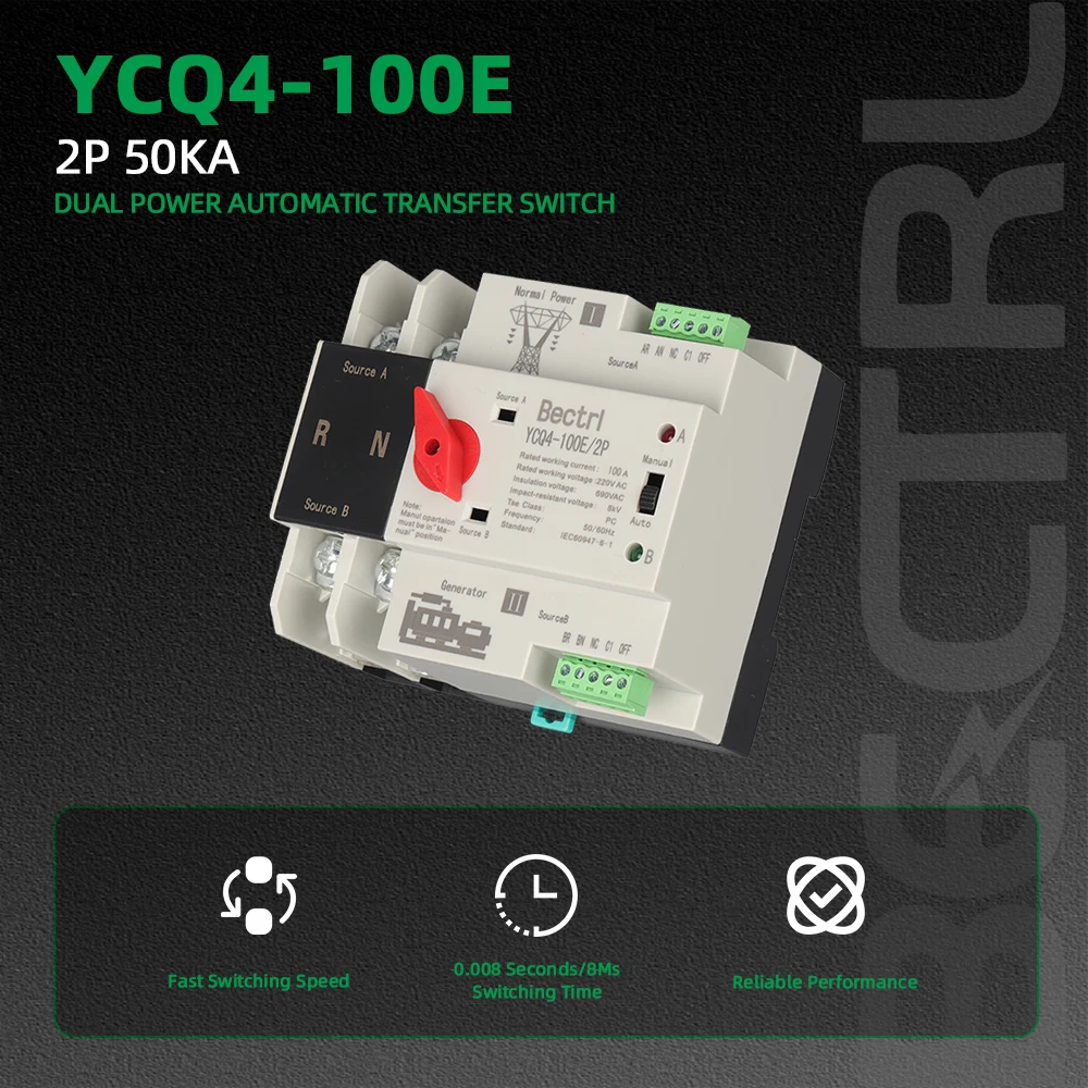 

YCQ4-100E 2P Din Rail 2P ATS Dual Power Automatic Transfer Switch Electrical Selector Switches Uninterrupted Power 63A 100A