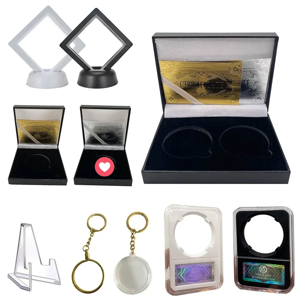 Coin  stander holder case Display Stand Holder Black PU Square Gift Box Keychain Frame for Collection Souvenir Badge