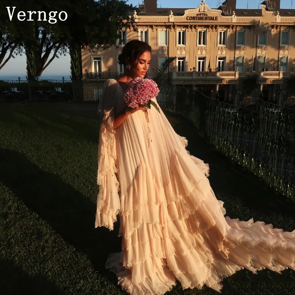 Verngo Elegant Chiffon Graceful Evening Dress Suqare Collar Tiered A Line Prom Gowns Arabia Party Gown Plus Size Customized
