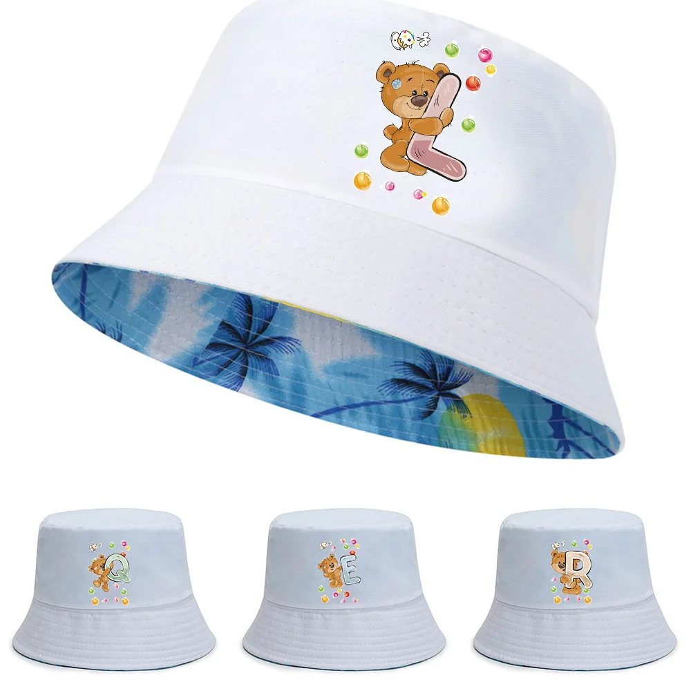 

Unisex Cotton Bucket Hats Women Summer UV-proof Visors Cap Fishing Hat Bear Letter Print Double-sided Fisherman Caps Beach Hat