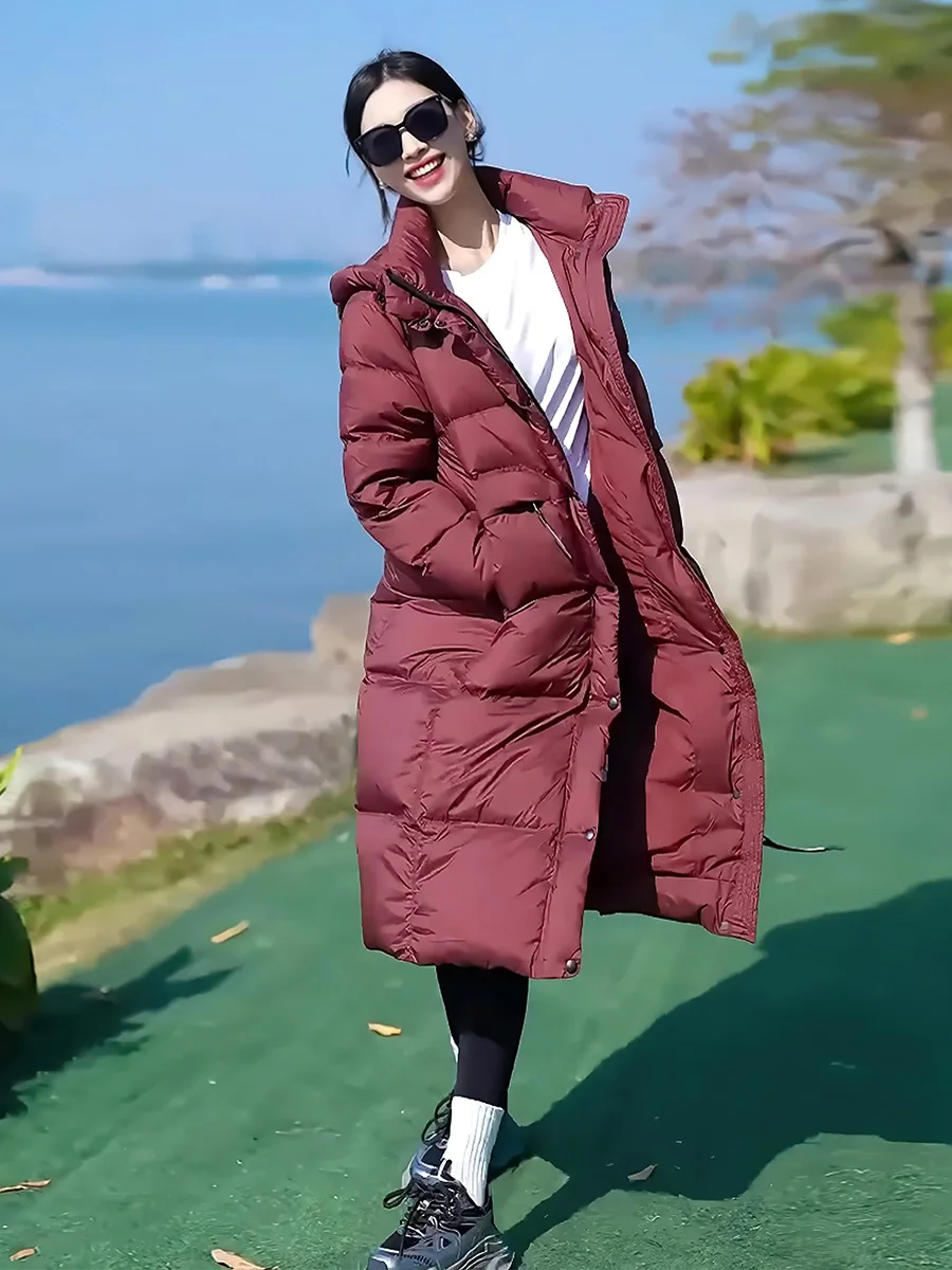 

Sli Long White Du down Jaet Women's Casual Stand Collar Hooded Coat Trendy Winter Outerwear Comfortable Warmth