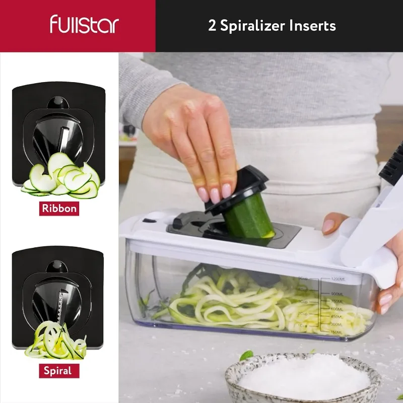 Fullstar ที่หั่นผัก Spiralizer เครื่องสับต้นหอมแบบเครื่องตัดผัก9 in 1, อุปกรณ์หั่นอาหาร