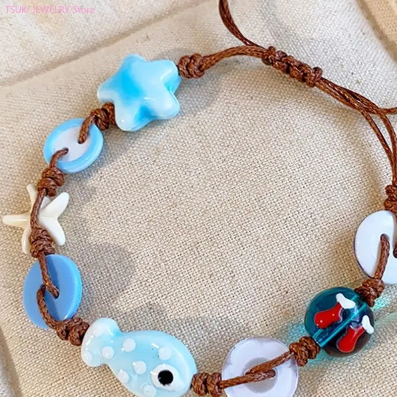 62KE Stretchy Blue Chessboard Handmade Bracelet Ceramic Beads Resin Nylon Cord Adjustable Wristband Youth Accessory