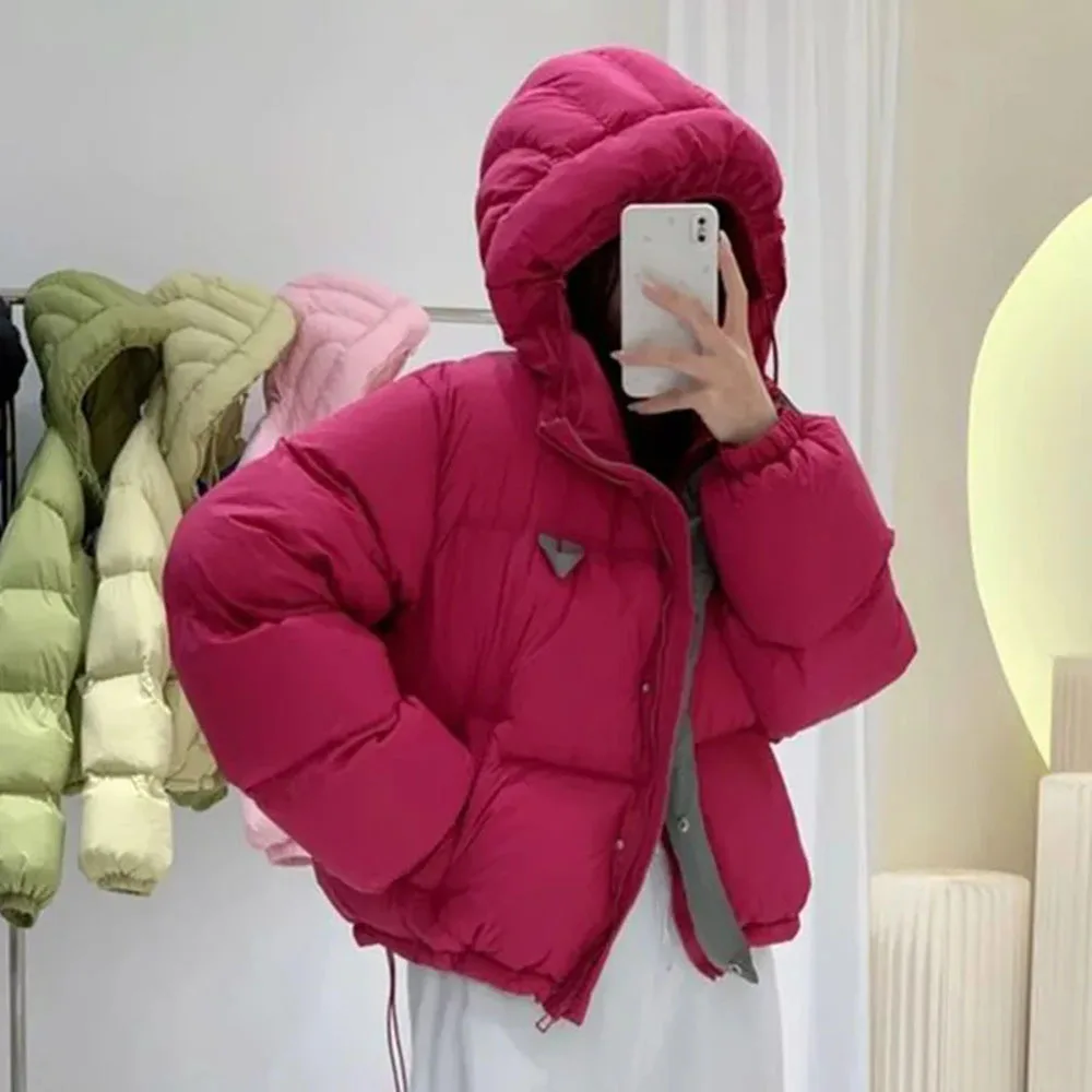 Rose Red Hooded Cotton Jacket Women Fashion Korean Winter Parkas Crop Puffy Coats Thicken Warm Simple Short Streetwear Outerwear