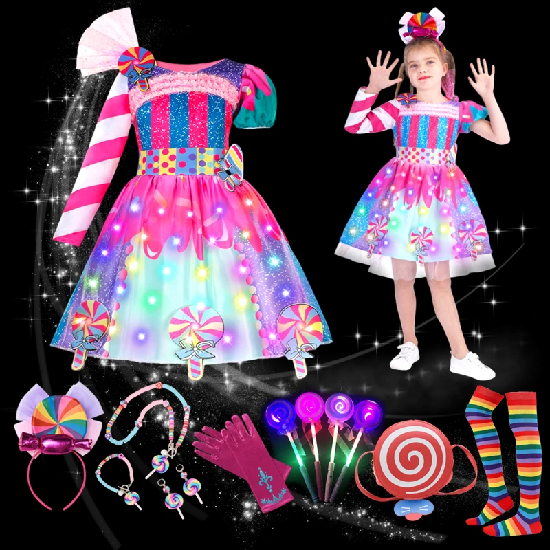 

Новое платье Candy для девочек Purim, радужное светящееся платье, детское платье для дня рождения, нарядное платье с длинными рукавами, карнавальное праздничное платье для девочек