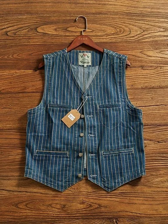 

Retro American Striped Workwear Vest Waed Denim Svel Waistcoat Trendy Youth Casual V-ne Four Seasons Outerwear