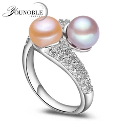 Group bague double perle noire d'eau douce naturelle pour femme, argent regardé 925 exquis, bijoux fins réglables