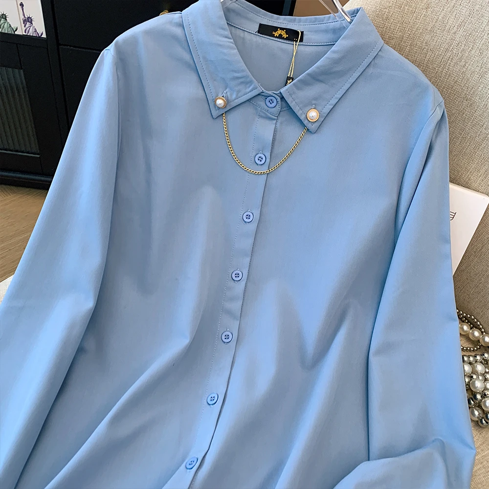 Women\'s plus size autumn casual solid color shirt classic commuter top metal chain decoration 2024 new professional clothing