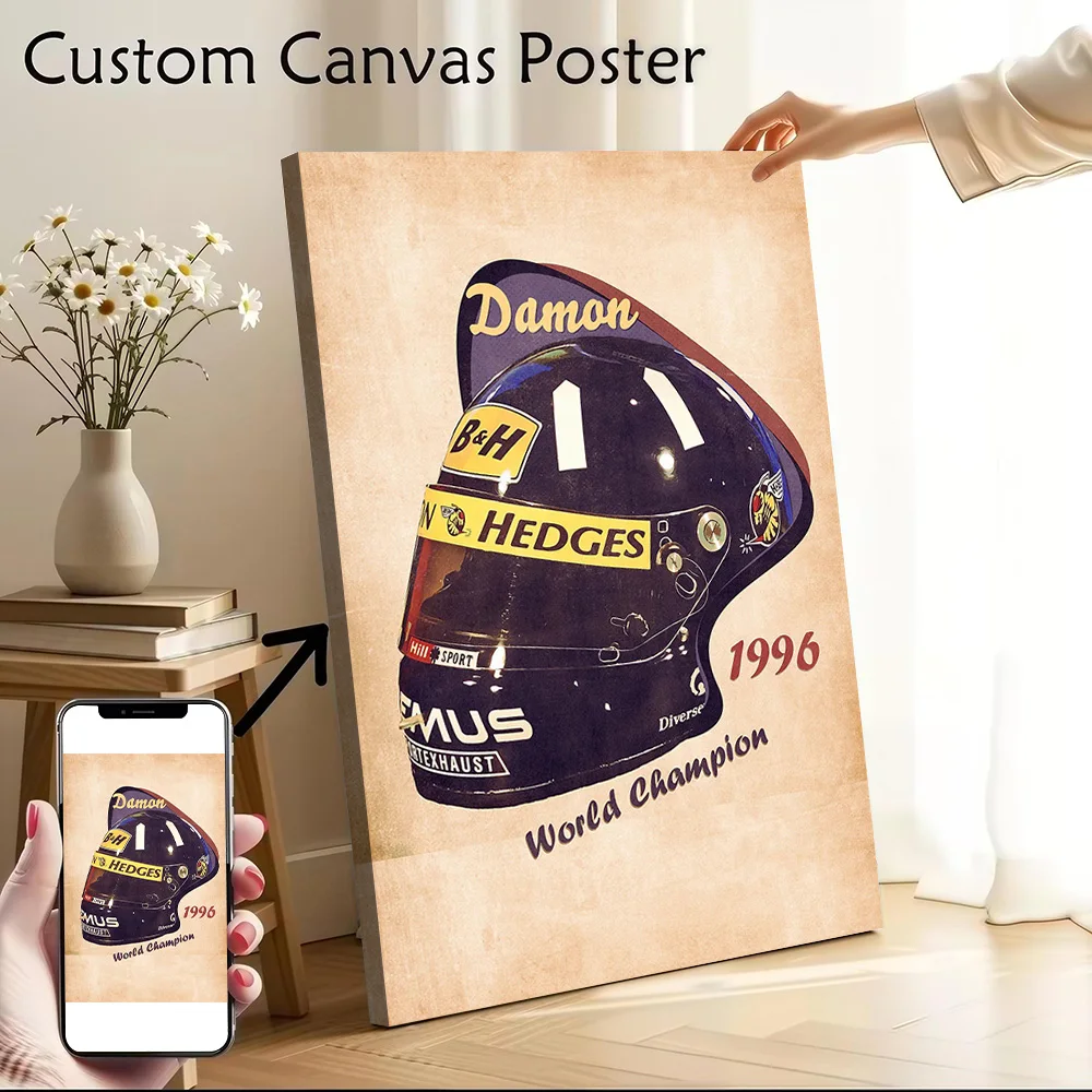 Damon Hill Helmet Retro Poster Canvas Wall Art Custom Photo Print Modern Painting for Fans Bathroom Decor Living Room Wand Deko