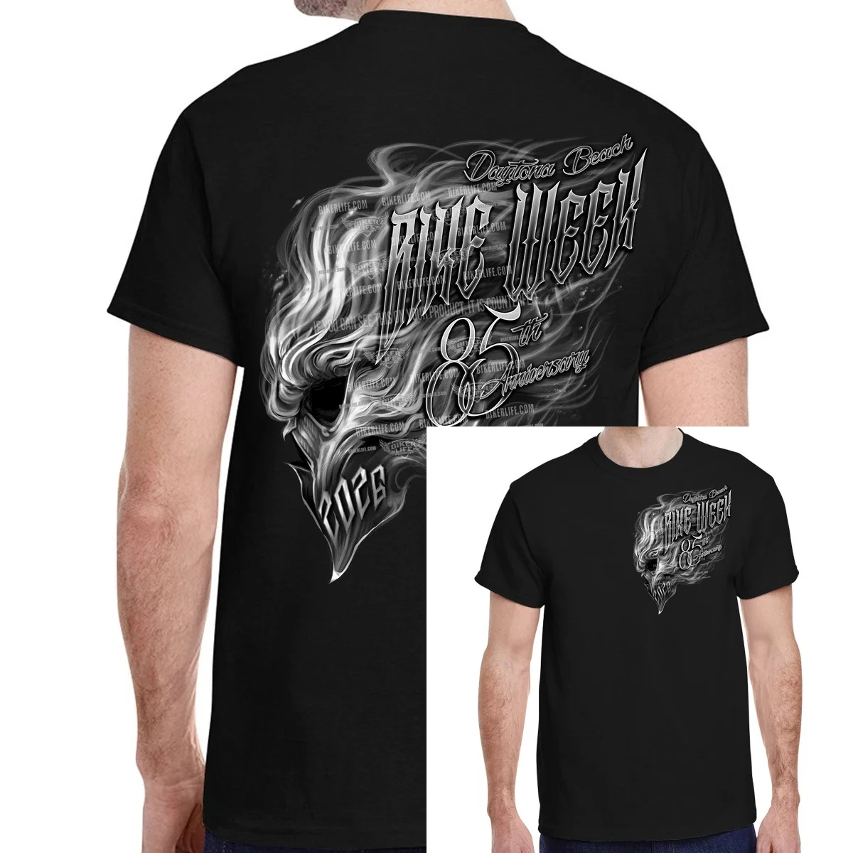 Summer Men Cotton T-Shirt Front And Back Smoke Skull Letter Print Short Sleeve Tee Retro Motorbike Biker Streetwear Tops
