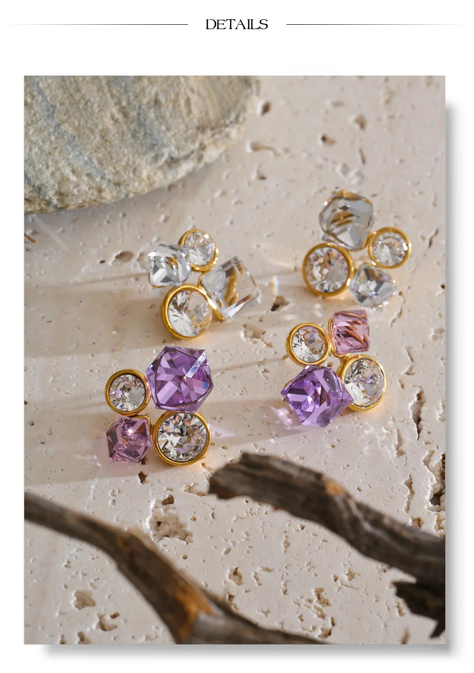 Yhpup Lila-weiße Farbe, K9-Kristall, geometrische Ohrstecker, Edelstahl, glänzend, exquisit, stilvoll, goldfarbener Schmuck, PVD – Detail 7