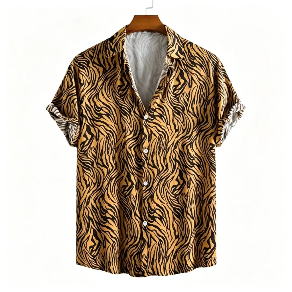 Men's 3D Printed Leopard Print Shirt, Casual and Stylish Summer Short-Sleeve Hawaiian Beach Shirt, Unique Lapel Top