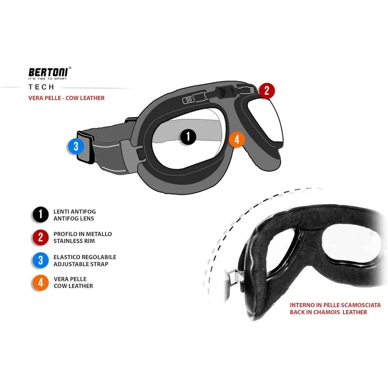 Bertoni Gafas de motocicleta Cuero de becerro negro real AF191L Italia Vintage Aviator Bikers Gafas