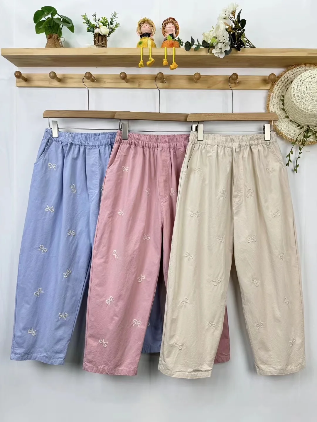 

Милые милые хлопковые прямые брюки с вышитым узлом, свободные повседневные брюки для молодых девушек