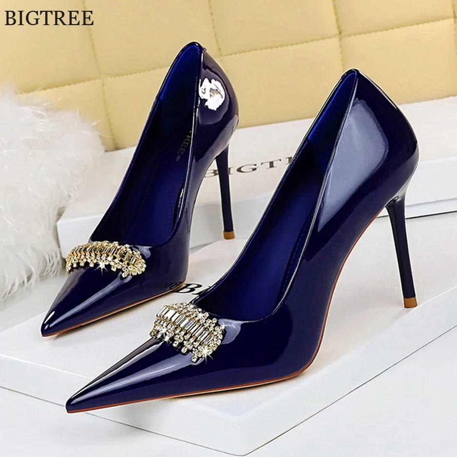 

BIGTREE Luxury Crystal Party Shoes Women Blue White Patent Leather Fashion Female High Heels Shallow Wedding Pumps Stiletto 2024