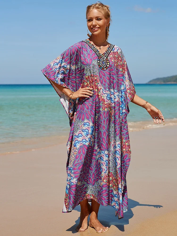 

Caftans Boho Dress Swimsuit Cover Up Loose Beach Tunic Robe De Plage Sarong Bikini Cover-ups Quick-drying Beach Dress Pareo