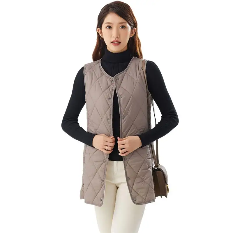 

Autumn Winter New Feminine Rhombic Lattice Collarless Long Vests Berber Fleece Slim Fitted Lightweight Pockets Solid Waistcoat