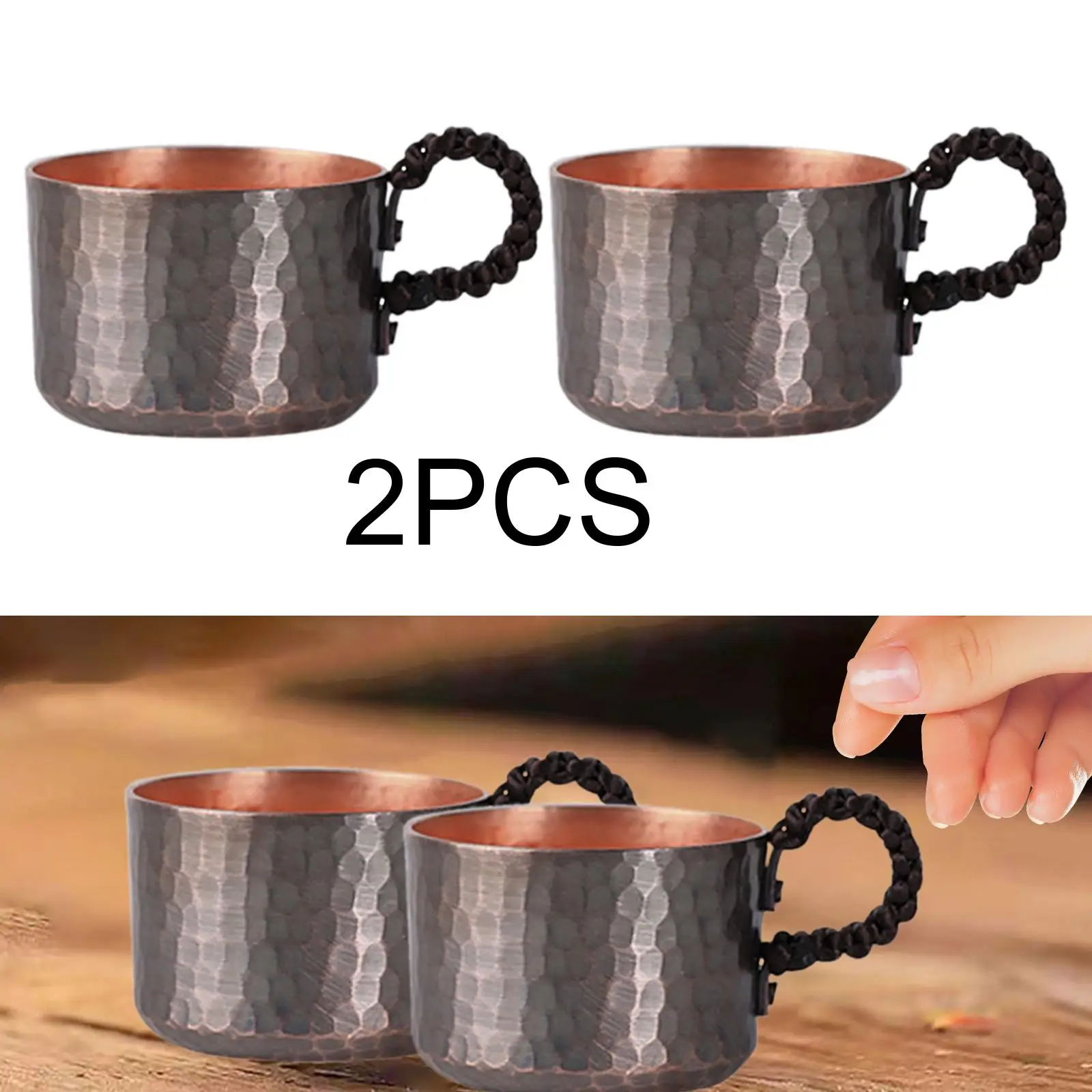 

2Pcs Copper Tea Cup Moscow Mules Mug Kungfu Tea Vintage Design Kitchen Wrapped Handle Handcrafted Traditional Home Copper Mug