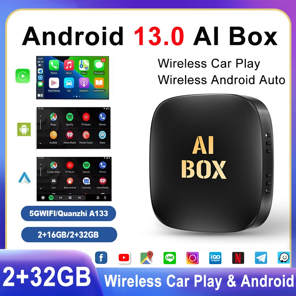 2GB+32GB CarPlay Ai Box Android 13.0 Smart AI TV Box Mini Android Auto Wireless Dongle WIFI Bluetooth 5.0 For Netflix Youtube