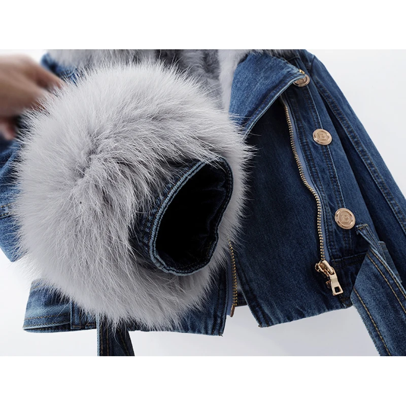 Winter Thick Real Fox Fur Collar Rabbit Fur Denim Jacket Women Hem Belt Zipper Cowboy Outerwear Loose Short Jeans Jacket Female