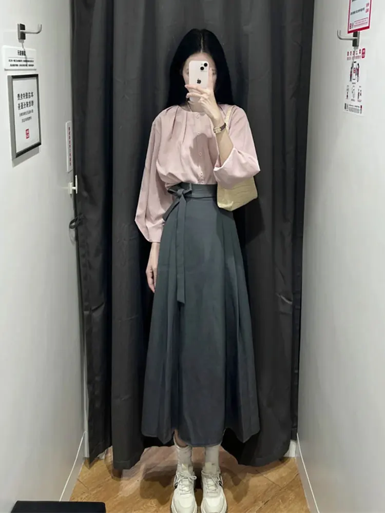 

plus Size Autumn Fashion Pink Long Sleeve Shirt And Half-length Skirt Set High Waist A-Line Skirt Slimming Effect Commute Style