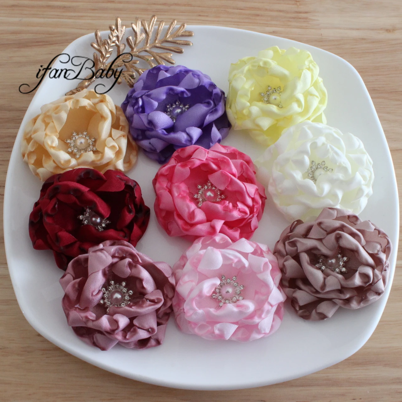 

Burned edges flower Romantic Satin Fabric Hair flower,ruffled flower with rhinestone in center ,Gift for Kids ,FLAT BACK