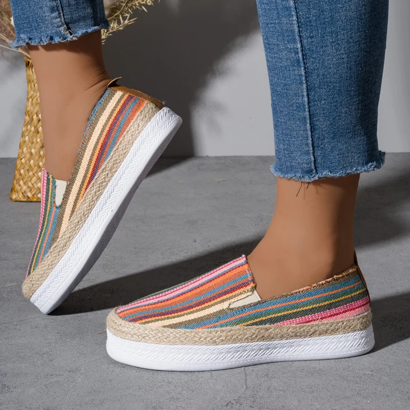 Casual Stripe Canvas Shoes Woman Thick Sole Slip-on Espadrille Sneakers Ladies Sailor Style Vacation Linen Loafers