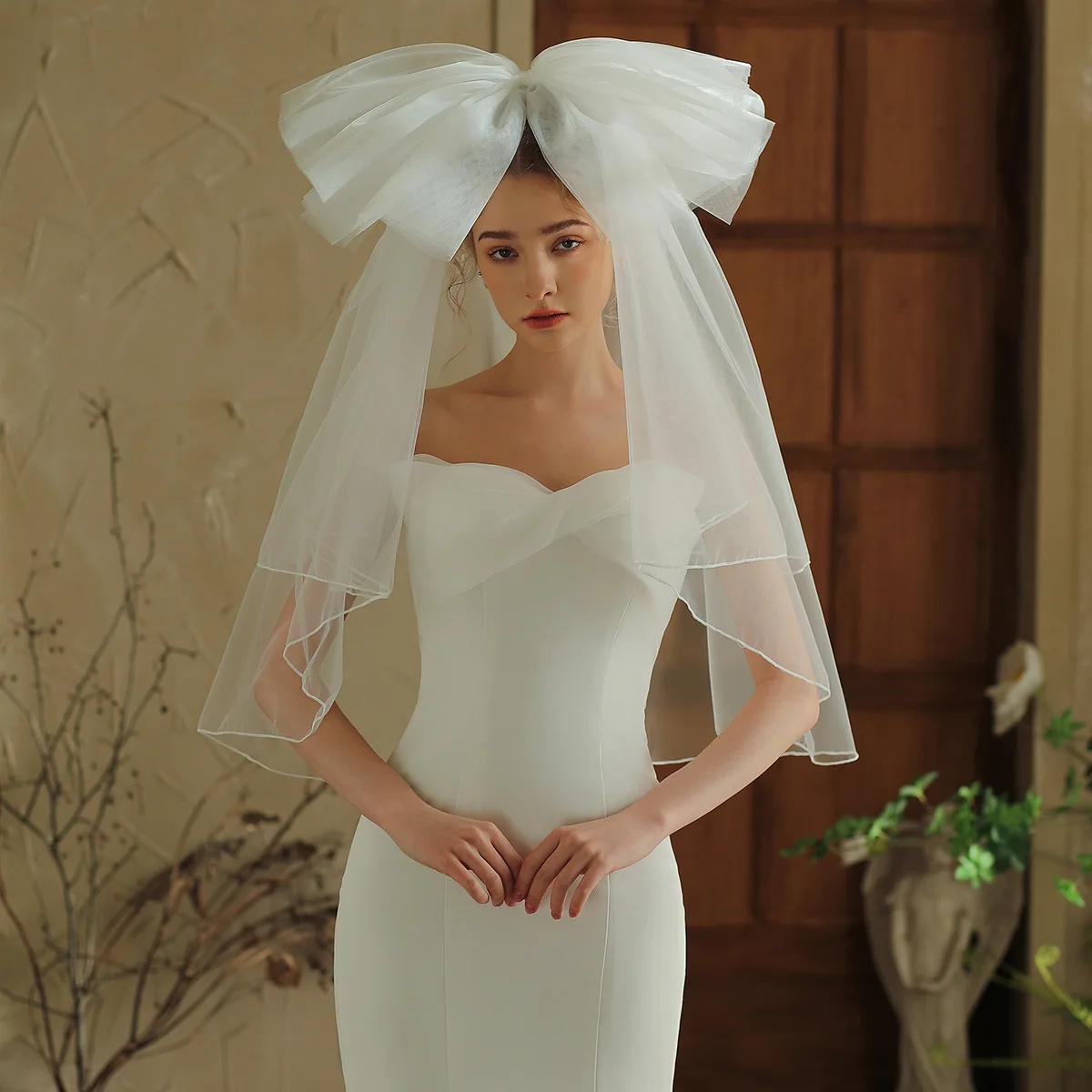 

Свадебная фата V381 с большим бантом, двухслойная, с подгибом, для фотосессий, оптом