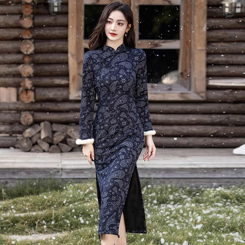 Yourqipao Winter Blue Fleece-Lined Thick Cheongsam Retro Long Sleeve Modified Qipao Chinese Style Evening Dress for Women