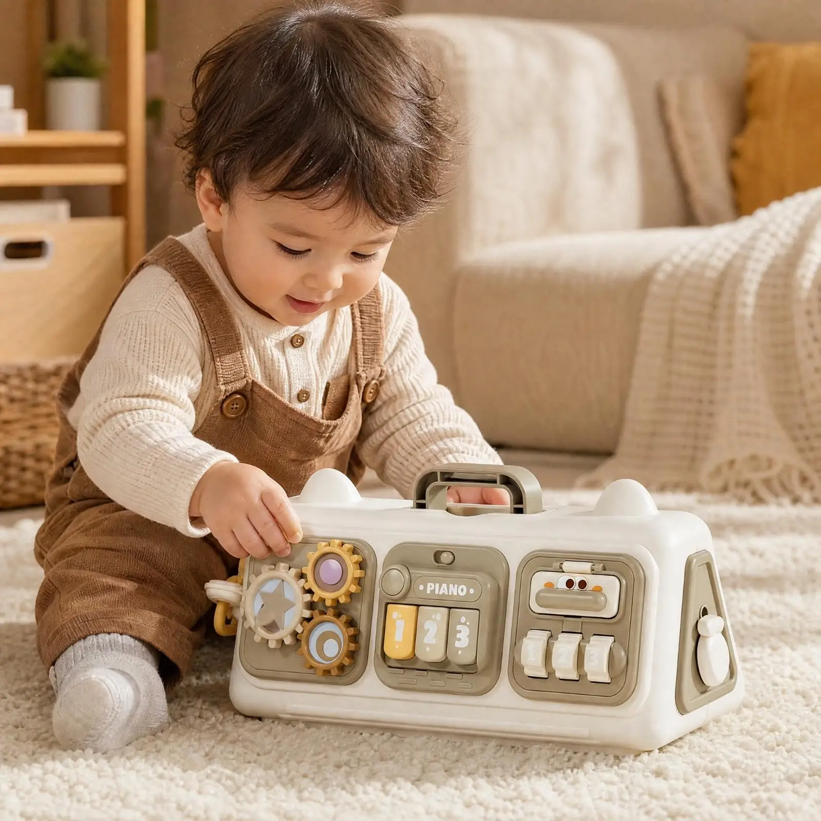 Baby Activity Board Montessori Toy for Toddlers 1-3 Year Old Kids Busy Cube with Steering Wheel and Animal Pieces Learning Game