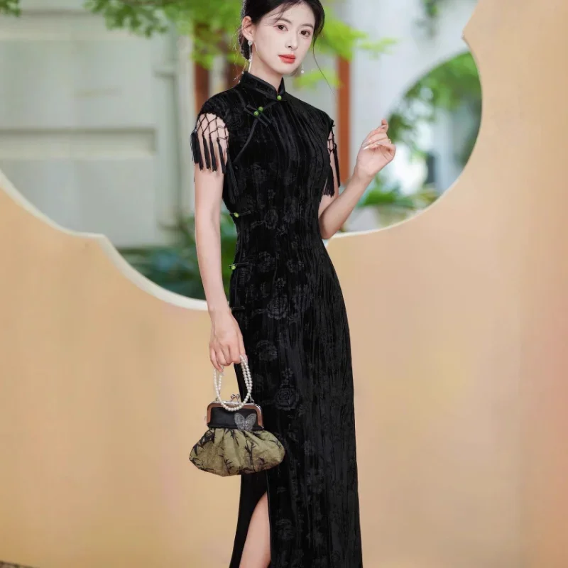 

Осень-зима велюровый воротник-стойка Qipao Vintgae классическое китайское женское платье длинное Cheongsam элегантное сексуальное тонкое платье с разрезом Vestidos