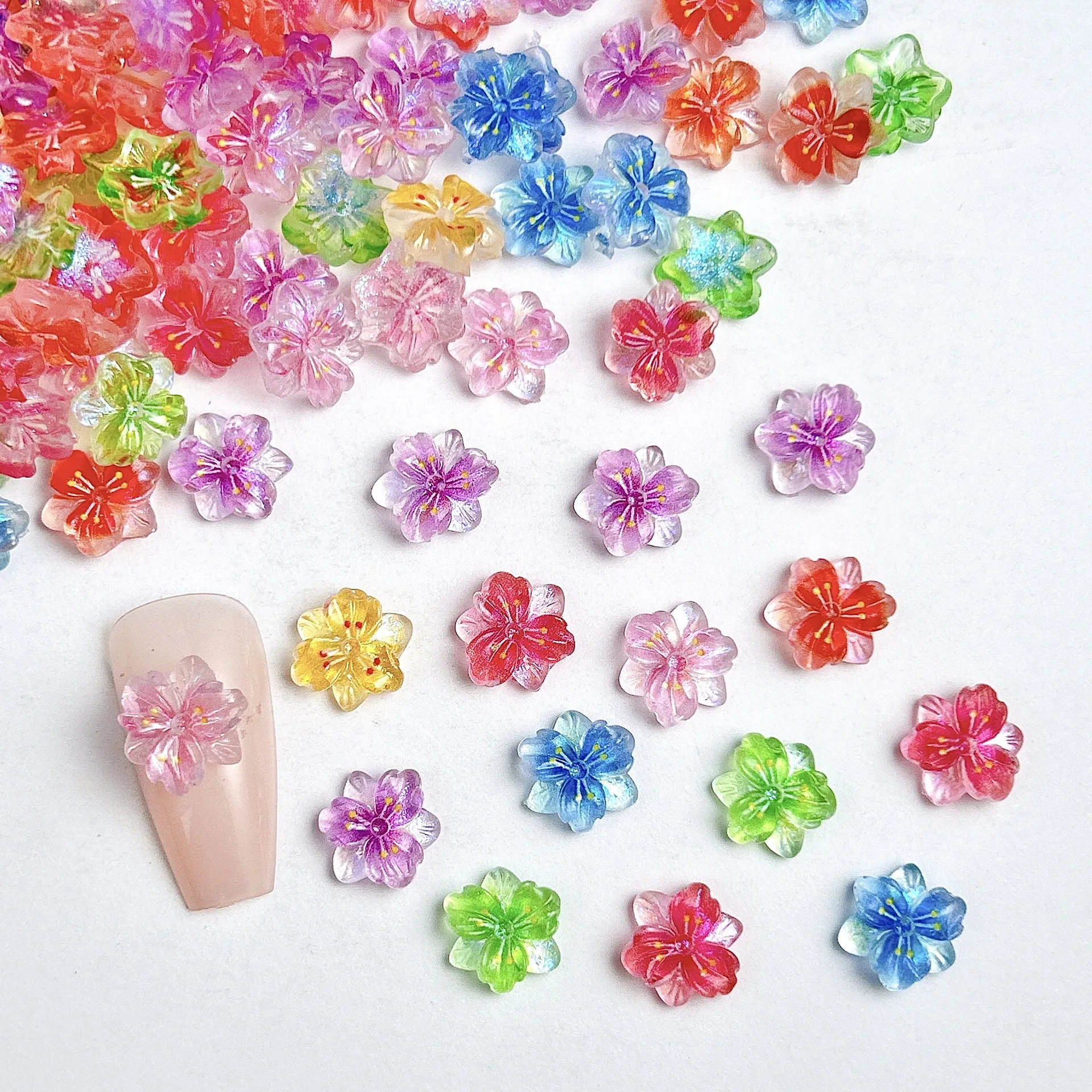 50/100Pcs Ice Transparent Gradient 3D Sakura Nail Charms 1*1cm Colorful 5 Petal Resin Flower Nail Decorat DIY Nails Accessories
