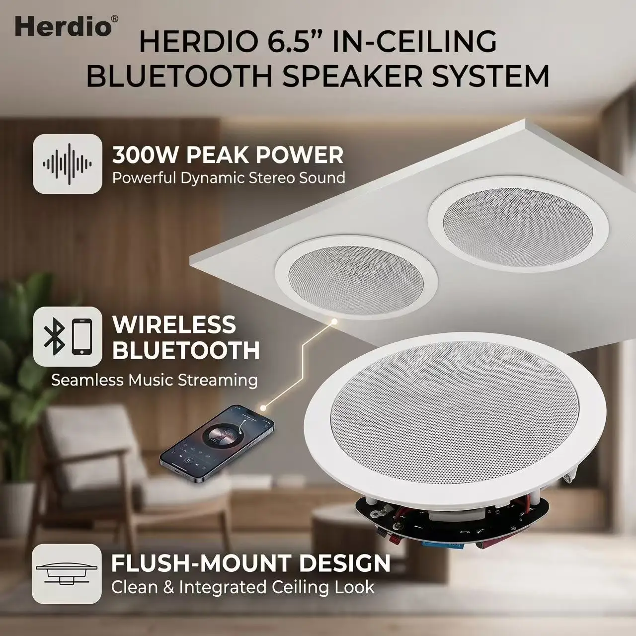 

Herdio 6.5 Inch 300W Ceiling Bluetooth Speaker Home Audio Built-in Full Range Audio System for Home Theater Bedroom Bathroom