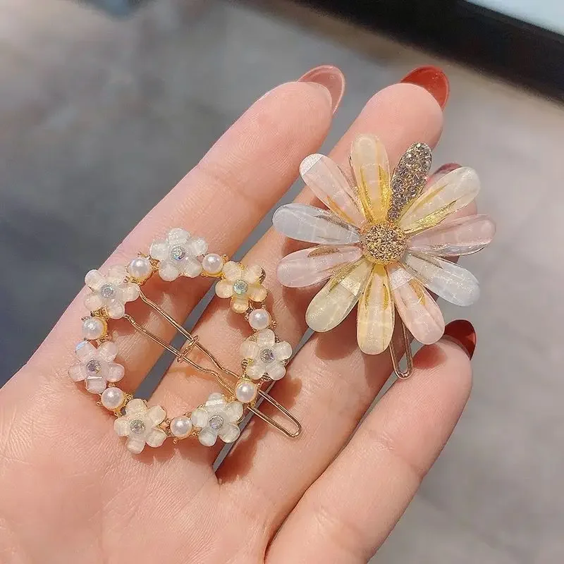 4pcs Sweet Colorful Rhinestone Pearl Hairpin Shinning Flower Heart Hair Clips Girls Side Barrettes Cute Pins Accessories image 3