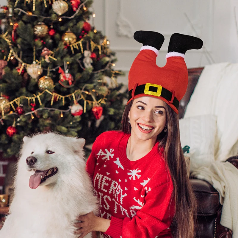 QICHE Christmas Novelty Clown Hat with Elf & Santa Legs, Funny Photo Booth Props for Holiday Event Decoration