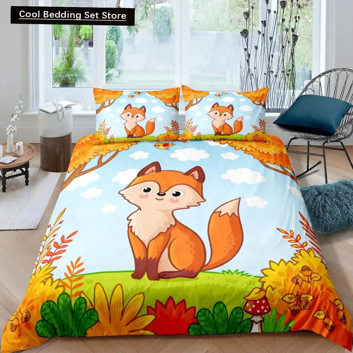 Fox Duvet Cover Set Girls Cartoon Fox Bedding Set Lovely Animal Theme Comforter Cover for Kids Teens King Polyester Quilt Cover