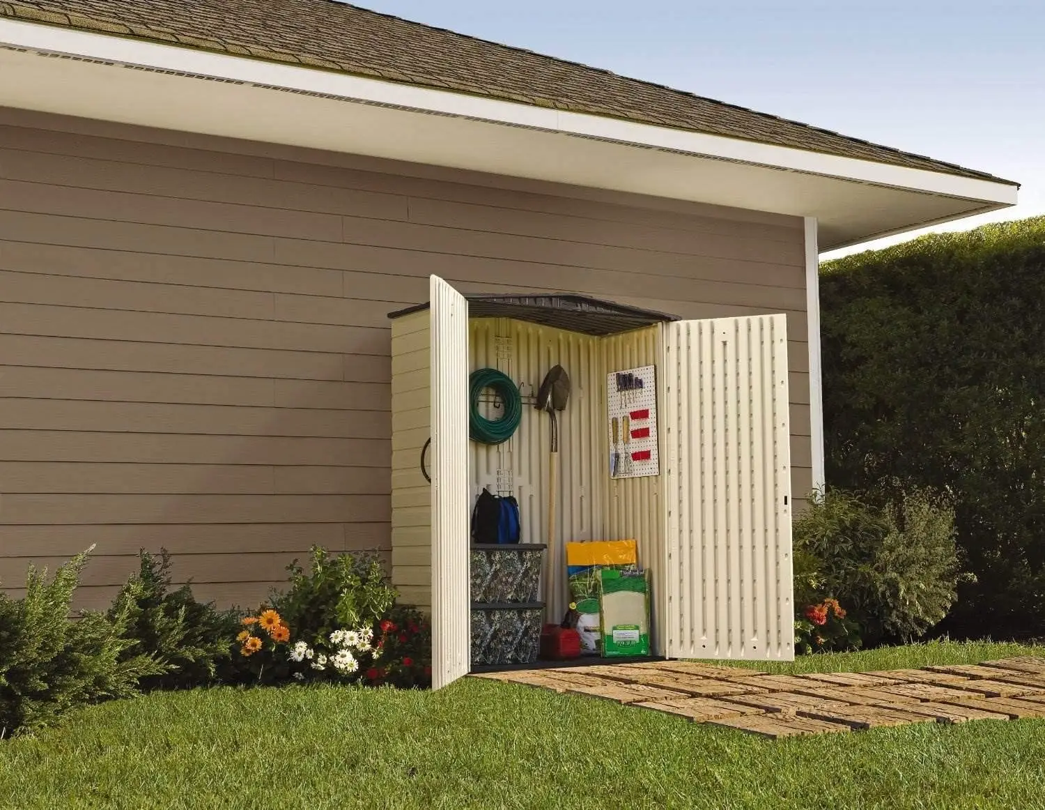 

Small Vertical Resin Outdoor Storage Shed With Floor (2.3 x 4.6 Ft), Weather Resistant, Beige/Brown, Organization for Home