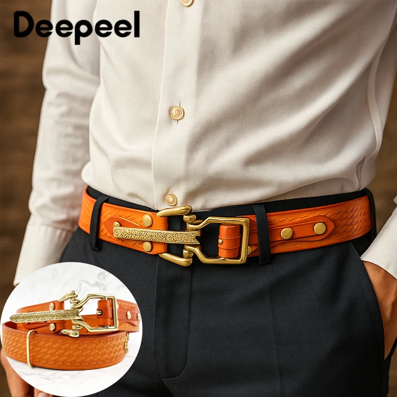 

1Pc Genuine Leather Men's Belts Pure Copper Buckles Embossed Waistband First Layer Cowhide Belt Luxury Designer Cavalry Girdle