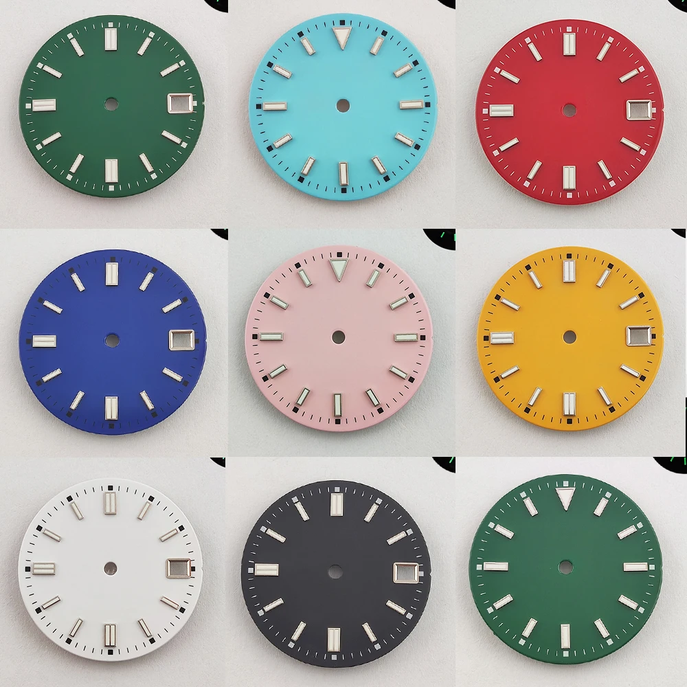 Esfera de reloj nh35 de 28,5mm, esfera de reloj luminosa verde, esfera estéril, logotipo personalizable, piezas de reloj para movimiento NH35/NH36