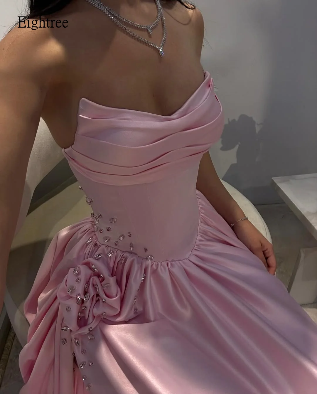 

Eightree Elegant Pink A Line Formal Prom Gowns Beaded Strapless Evening Dress Side Slit Floor Length Party Dresses Customized